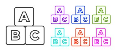 Siyah çizgi ABC blok simgesi beyaz arkaplanda izole edildi. A, B, C harfli alfabe küpleri. Simgeleri renklendirin. Vektör.