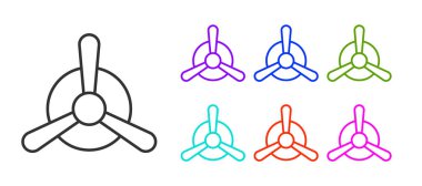 Siyah çizgi düzlem pervanesi simgesi beyaz arkaplanda izole edildi. Klasik uçak pervanesi. Simgeleri renklendirin. Vektör.