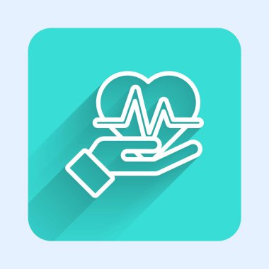 Beyaz çizgi kalp atış ikonu uzun gölgeli izole edildi. Kalp atışı işareti. Kalp atışı ikonu. Kardiyogram simgesi. Yeşil kare düğmesi. Vektör.