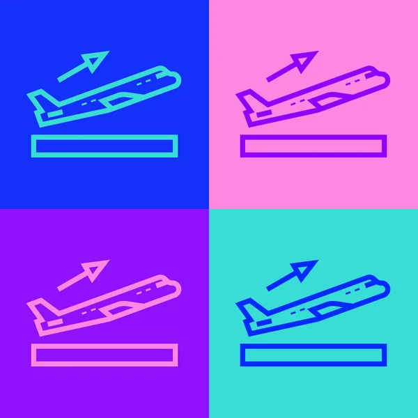 Pop Art Linie Flugzeug Start Symbol Isoliert Auf Farbigem Hintergrund — Stockvektor