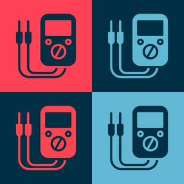 Pop art Ampere ölçer, multimetre, voltmetre ikonu renk arkaplanında izole. Elektrik akımını ölçmek için araçlar. Vektör İllüstrasyonu.