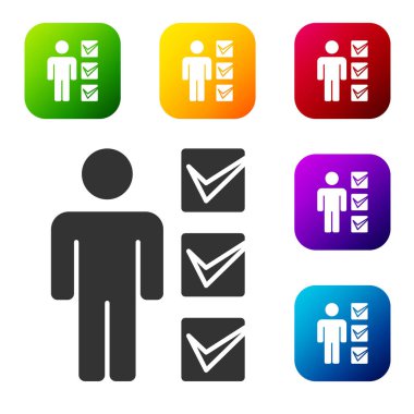 Siyah takım elbiseli adam simgesi beyaz arka planda izole edildi. İş simgesi kullanıcı profili simgesi simgesi. Erkek kullanıcı işareti. Renkli kare düğmelerle simgeleri ayarla. Vektör.