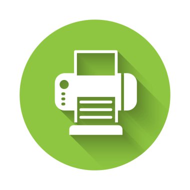 Beyaz Yazıcı simgesi uzun gölgeli izole edildi. Yeşil daire düğmesi. Vektör.