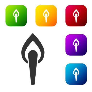 Siyah Meşale alev simgesi beyaz arkaplanda izole edildi. Sembol ateşi sıcak, alev gücü, alev ve ısı. Renkli kare düğmelerle simgeleri ayarla. Vektör.