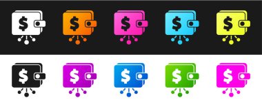 Siyah ve beyaz arkaplanda şifreli cüzdan simgesini ayır. Cüzdan ve bitcoin işareti. Maden konsepti. Para, ödeme, nakit, ödeme ikonu. Vektör.