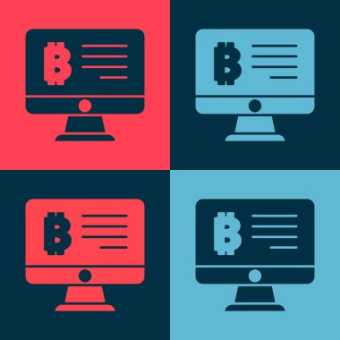 Renkli arka planda izole edilmiş monitör simgesinden çıkan Pop Art Mining bitcoin. Kripto para birimi madenciliği, engelleme zinciri teknoloji servisi. Vektör.