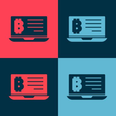Pop Art Mining bitcoin dizüstü bilgisayar ikonundan izole edilmiş renk arkaplanı. Kripto para birimi madenciliği, engelleme zinciri teknoloji servisi. Vektör.