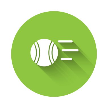 Beyaz Tenis topu ikonu uzun gölgeli izole edilmiş. Spor malzemeleri. Yeşil daire düğmesi. Vektör.