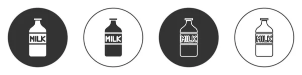 Schwarze Glasflasche Mit Milchsymbol Auf Weißem Hintergrund Kreis Taste Vektorillustration — Stockvektor