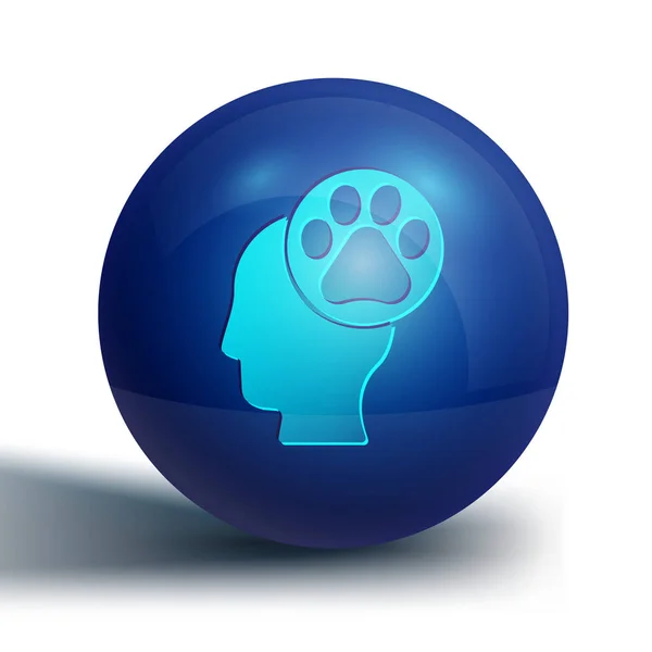 白い背景に動物の足跡アイコンが隔離された青の人間の頭 ペットの足を中心に 動物への愛 青い丸ボタン ベクトル — ストックベクタ