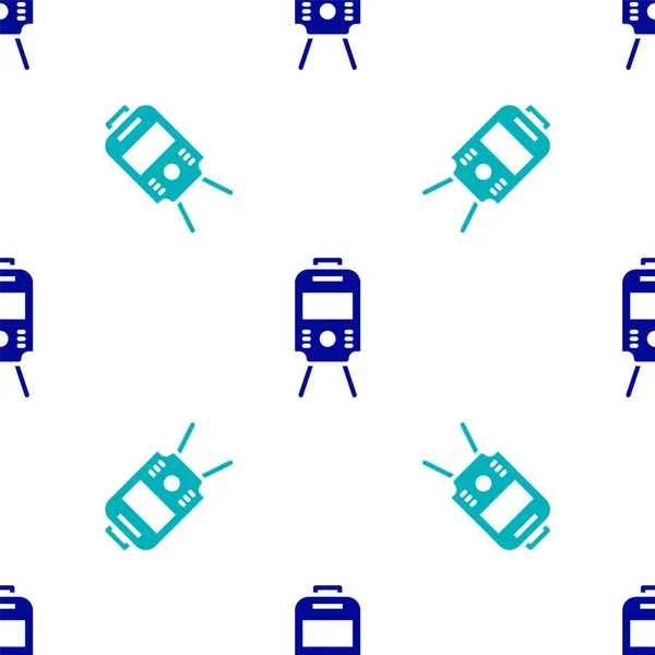 Blue Tram Spoorwegpictogram Geïsoleerd Naadloos Patroon Witte Achtergrond Openbaar Vervoer — Stockvector