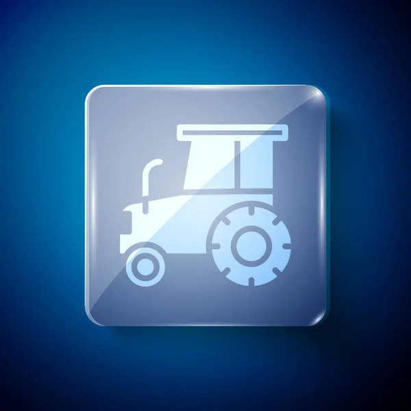 White Tractor Icon Isolated Blue Background Square Glass Panels Vector — Stock Vector