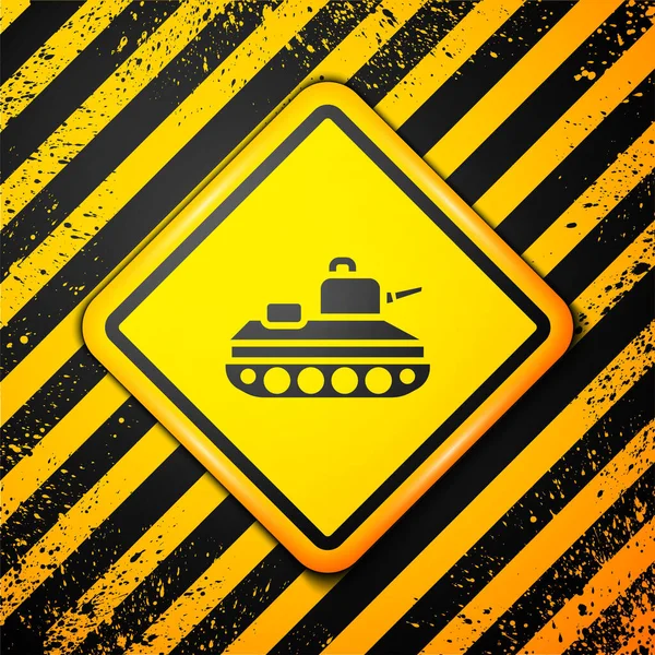 Icono Tanque Militar Negro Aislado Sobre Fondo Amarillo Señal Advertencia — Vector de stock