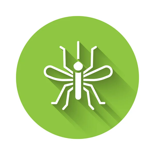 白色蚊子图标与长长的阴影隔离 绿色圆环按钮 — 图库矢量图片
