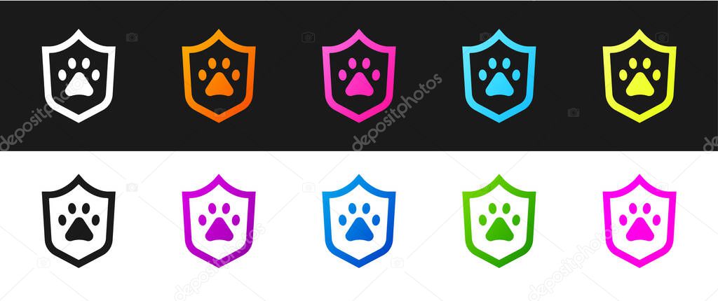 Set Animal health insurance icon isolated on black and white background. Pet protection concept. Dog or cat paw print.  Vector.