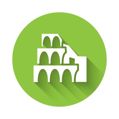 Roma 'daki Beyaz Kolezyum, uzun gölgeli İtalya ikonu. Kolezyum işareti. Antik Roma 'nın sembolü, gladyatör dövüşleri. Yeşil daire düğmesi. Vektör.