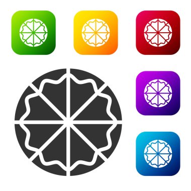 Siyah Pizza simgesi beyaz arkaplanda izole edilmiş. Fast food menüsü. Renkli kare düğmelerle simgeleri ayarla. Vektör.