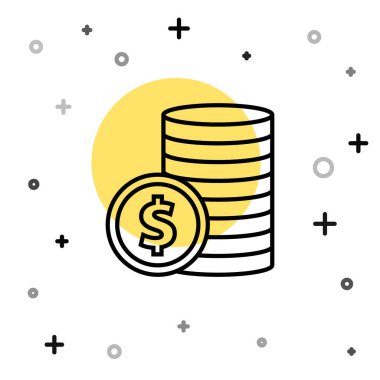 Beyaz zemin üzerinde dolar sembolü olan siyah çizgi parası. Bankacılık işareti. Para sembolü. Rastgele dinamik şekiller. Vektör İllüstrasyonu.