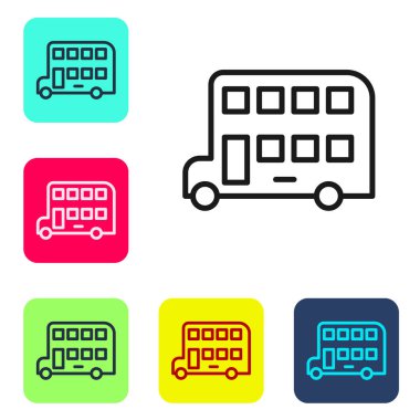 Siyah çizgi çift katlı otobüs simgesi beyaz arkaplanda izole edildi. Londra klasik yolcu otobüsü. Toplu taşıma sembolü. Renkli kare düğmelerle simgeleri ayarla. Vektör.