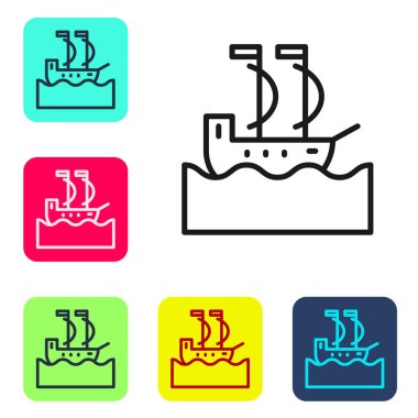 Siyah çizgili yelkenli ya da yelkenli ikonu beyaz arka planda izole edilmiş. Yelkenli deniz seyahati. Renkli kare düğmelerle simgeleri ayarla. Vektör.