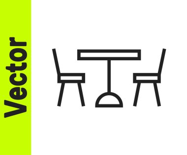 Siyah çizgi piknik masası, masa simgesinin her iki tarafında da beyaz arka planda izole sandalyeler var. Vektör.