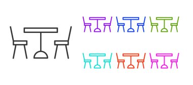 Siyah çizgi piknik masası, masa simgesinin her iki tarafında da beyaz arka planda izole sandalyeler var. Simgeleri renklendirin. Vektör.