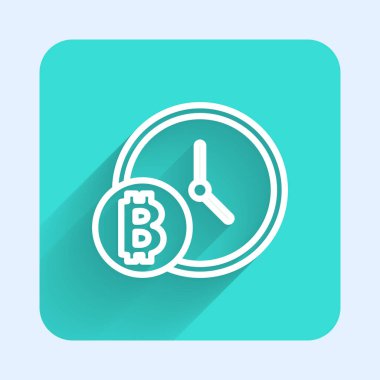 Beyaz çizgi kripto para Bitcoin saat simgesi ile izole edilmiş uzun gölge. Madeni para. Engelleme zinciri tabanlı şifreli para birimi. Yeşil kare düğmesi. Vektör.