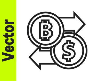 Siyah çizgi kripto döviz simgesi beyaz arkaplanda izole edildi. Bitcoin 'den dolar takas simgesine. Kripto para teknolojisi, mobil bankacılık. Vektör.