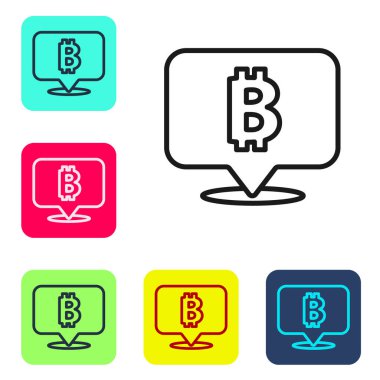 Siyah çizgi kripto para birimi Bitcoin simgesi beyaz arka planda izole edildi. Madeni para. Engelleme zinciri tabanlı şifreli para birimi. Renkli kare düğmelerle simgeleri ayarla. Vektör.
