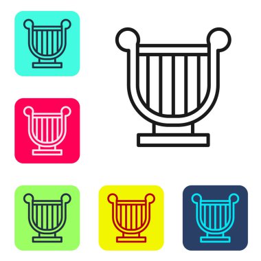 Siyah çizgi Antik Yunan lir ikonu beyaz arkaplanda izole edilmiş. Klasik müzik enstrümanı, orkestra akustik elementi. Renkli kare düğmelerle simgeleri ayarla. Vektör.