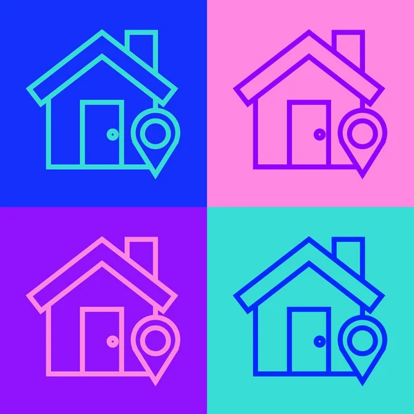 Pop Art Line Map Pointer House Icon Isolated Color Background — 스톡 벡터