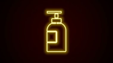 Parlayan neon hattı El dezenfektanı ikonu siyah arka planda izole edildi. Dezenfeksiyon konsepti. Yıkama jeli. Hijyen için alkol şişesi. 4K Video hareketli grafik canlandırması