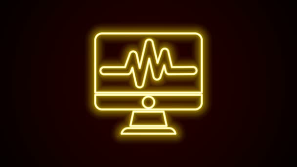 黒の背景に隔離された心臓画像のアイコンとネオンラインコンピュータモニターを光る。監視アイコン。心拍の手でECGモニターを描画します。4Kビデオモーショングラフィックアニメーション — ストック動画