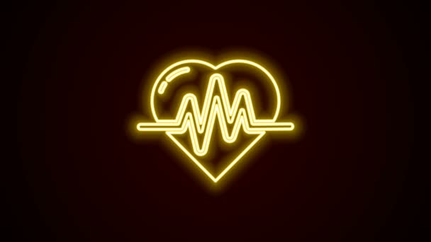 Linha de néon brilhante Ícone de frequência cardíaca isolado no fundo preto. Sinal de batimento cardíaco. Ícone de pulso cardíaco. Ícone do cardiograma. Animação gráfica em movimento de vídeo 4K — Vídeo de Stock