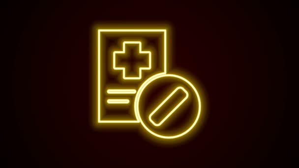 Glödande neon line Medicinsk receptbelagda ikon isolerad på svart bakgrund. Rx form. Recept medicinsk. Apoteks- eller medicinsymbol. 4K Video motion grafisk animation — Stockvideo