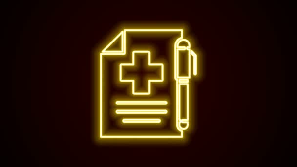 Gloeiende neon lijn Medisch recept en pen pictogram geïsoleerd op zwarte achtergrond. Rx formulier. Recept medisch. Apotheek of medicijnsymbool. 4K Video motion grafische animatie — Stockvideo