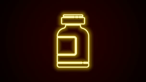 Gloeiende neon lijn Sport voeding bodybuilding proteïne power drink en voedsel pictogram geïsoleerd op zwarte achtergrond. 4K Video motion grafische animatie — Stockvideo