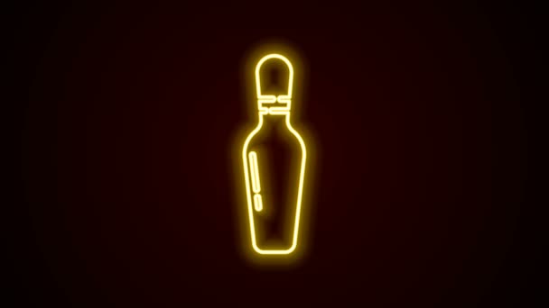 Gloeiende neon lijn Bowling pin pictogram geïsoleerd op zwarte achtergrond. 4K Video motion grafische animatie — Stockvideo