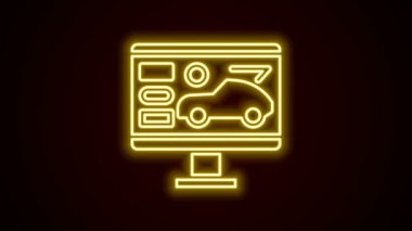 Siyah arkaplanda izole edilmiş renkli araba ikonunun parlak neon hattı donanım tanılama durumu. Araba servisi ve tamir parçaları. 4K Video hareketli grafik canlandırması