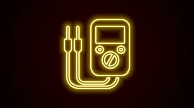Parlayan neon hattı Ampere metre, multimetre, voltmetre simgesi siyah arkaplanda izole edildi. Elektrik akımını ölçmek için araçlar. 4K Video hareketli grafik canlandırması