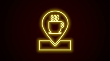 Siyah arka planda izole edilmiş kahve fincanı simgesi ile parlayan neon hattı konumu. 4K Video hareketli grafik canlandırması