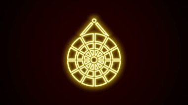 Parlayan neon çizgi klasik dart tahtası ve ok simgesi siyah arkaplanda izole edildi. Dartboard işareti. Oyun konsepti. 4K Video hareketli grafik canlandırması