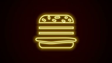 Parlayan neon hattı Burger simgesi siyah arkaplanda izole edildi. Hamburger ikonu. Çizburger sandviç tabelası. Fast food menüsü. 4K Video hareketli grafik canlandırması