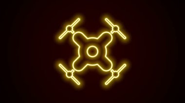 Parlayan neon hattı İHA uçan ikonu siyah arka planda izole edildi. Video ve fotoğraf makinesi sembollü dörtlü helikopter. 4K Video hareketli grafik canlandırması