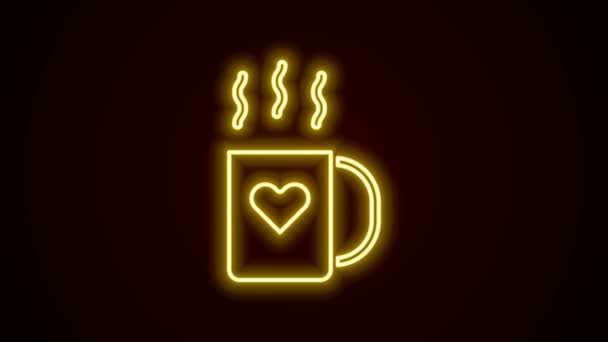 Parlayan neon hattı kahve fincanı ve kalp ikonu siyah arka planda izole edilmiş. Sevgililer Günü 'nde sevgililer için birkaç kahve. 4K Video hareketli grafik canlandırması — Stok video