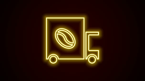 Linea al neon incandescente icona della macchina del camion stradale caffè isolato su sfondo nero. Caffè di consegna. Animazione grafica 4K Video motion — Video Stock