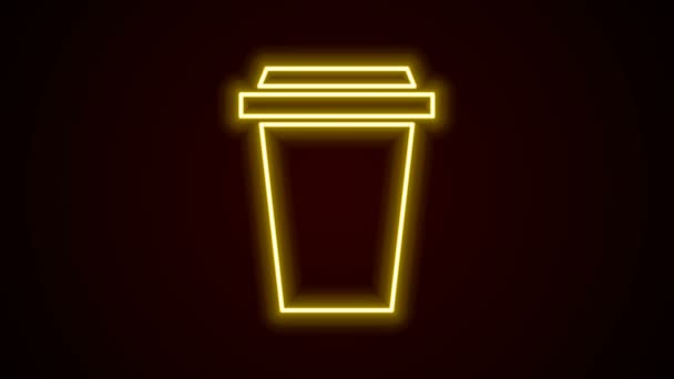 Gloeiende neon lijn Koffie kopje te gaan pictogram geïsoleerd op zwarte achtergrond. 4K Video motion grafische animatie — Stockvideo