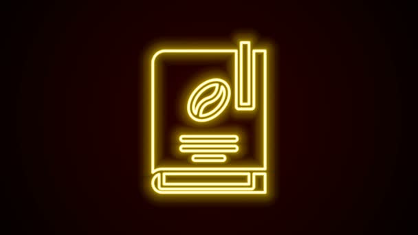 Glowing neon line Coffee book icon isolated on black background. 4K Video motion graphic animation — Stock Video