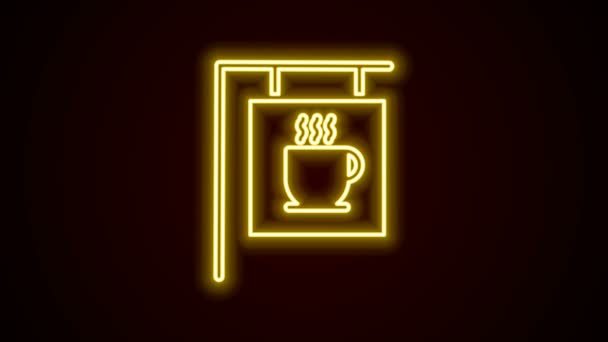 Icono de café letrero calle línea de neón brillante aislado sobre fondo negro. Animación gráfica de vídeo 4K — Vídeo de stock