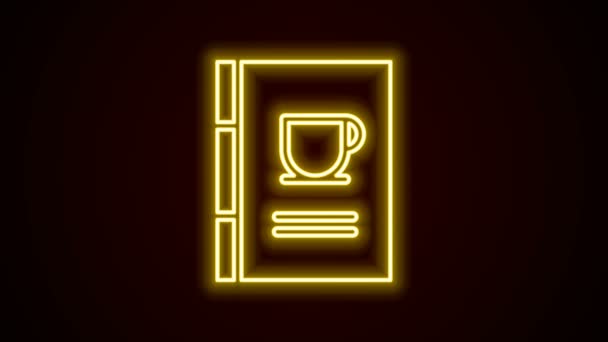Parlayan neon hattı kahve kitabı ikonu siyah arka planda izole edildi. 4K Video hareketli grafik canlandırması — Stok video